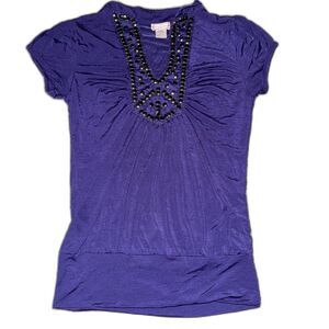 Size Juniors Large Deadstock Y2K Purple Beaded Stretch Tunic